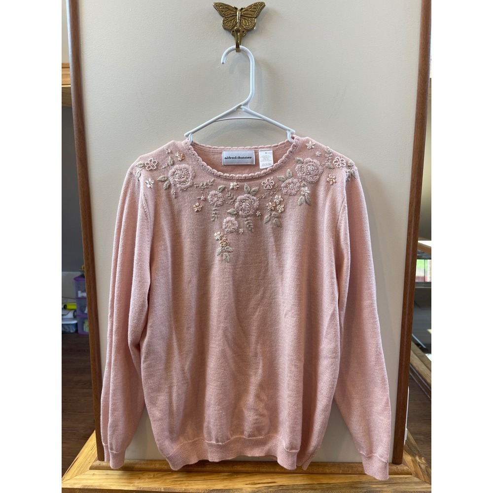 Alfred Dunner Sweater Womens Medium Pink Floral Beaded Metallic Knit